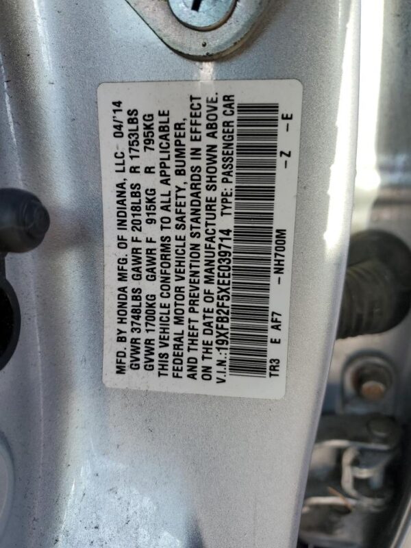 HONDA CIVIC SILVER - 19XFB2F5XEE039714