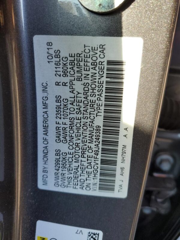 HONDA ACCORD GRAY - 1HGCV1F49JA249389