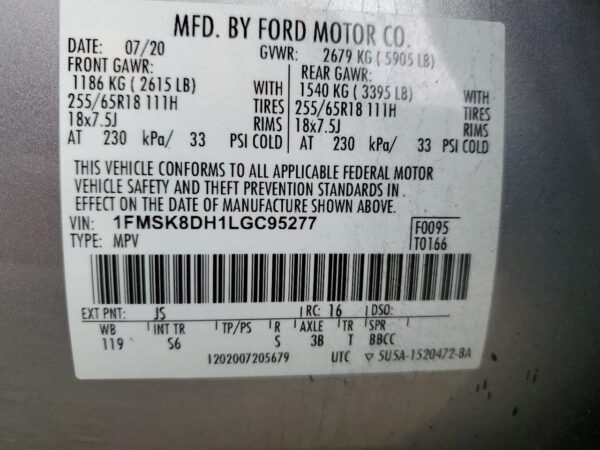 FORD EXPLORER SILVER - 1FMSK8DH1LGC95277