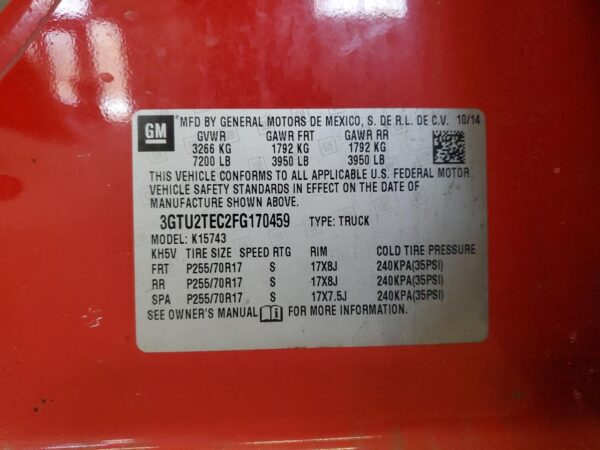 GMC SIERRA RED - 3GTU2TEC2FG170459