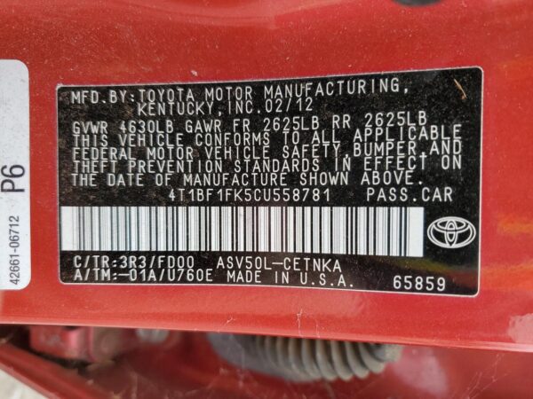 TOYOTA CAMRY RED - 4T1BF1FK5CU558781