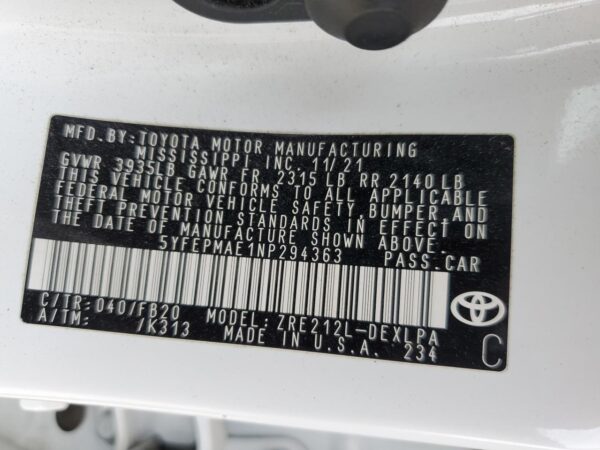 TOYOTA COROLLA WHITE - 5YFEPMAE1NP294363
