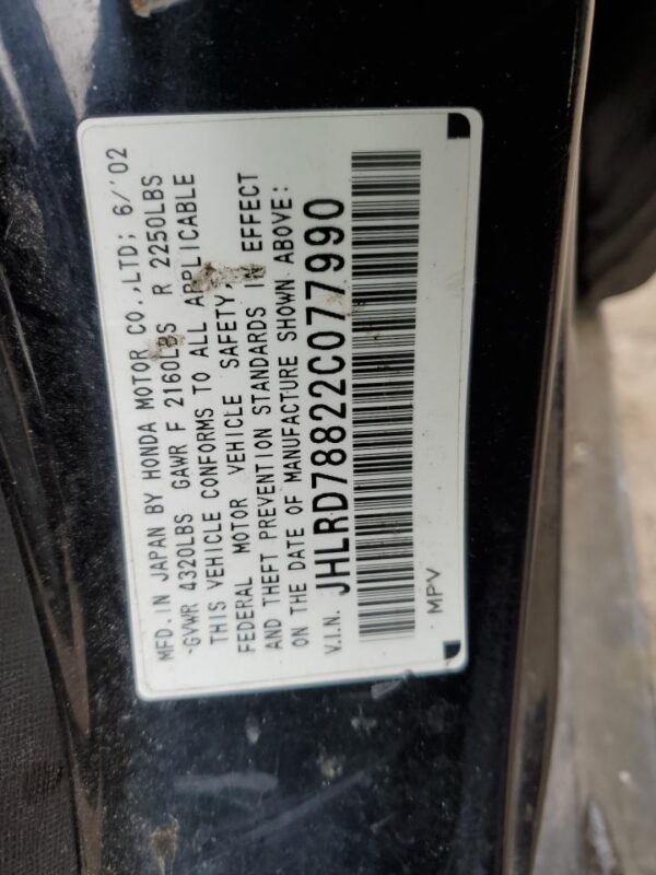 HONDA CRV BLACK - JHLRD78822C077990