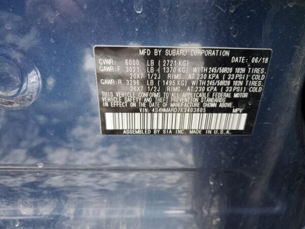 SUBARU ASCENT BLUE - 4S4WMARD7K3403805