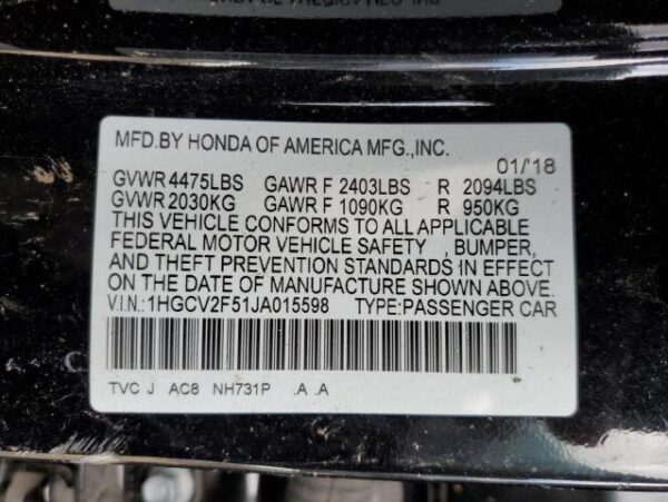 HONDA ACCORD BLACK - 1HGCV2F51JA015598