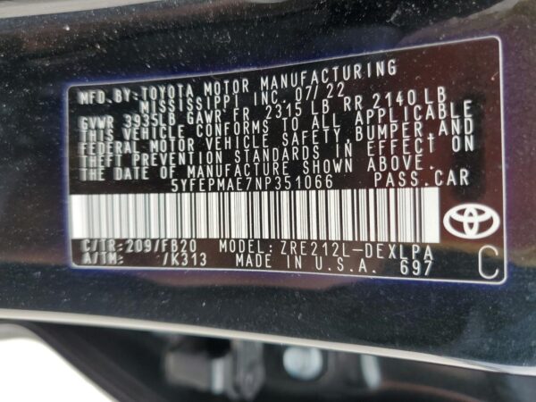 TOYOTA COROLLA BLACK - 5YFEPMAE7NP351066