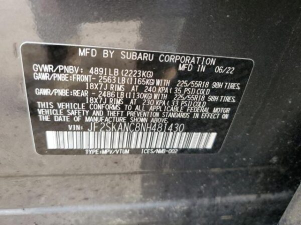 Subaru FORESTER 2022 - JF2SKANC8NH481430