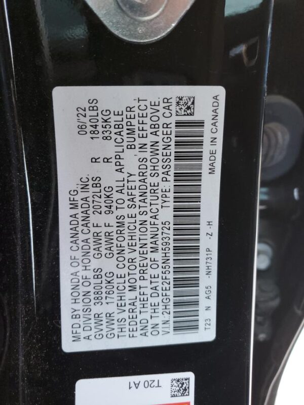 HONDA CIVIC BLACK - 2HGFE2F55NH593725