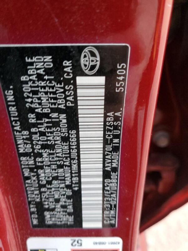 TOYOTA CAMRY MAROON - 4T1B11HK6JU646666