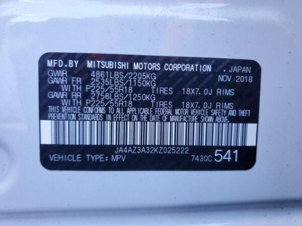 Mitsubishi OUTLANDER 2019 - JA4AZ3A32KZ025222