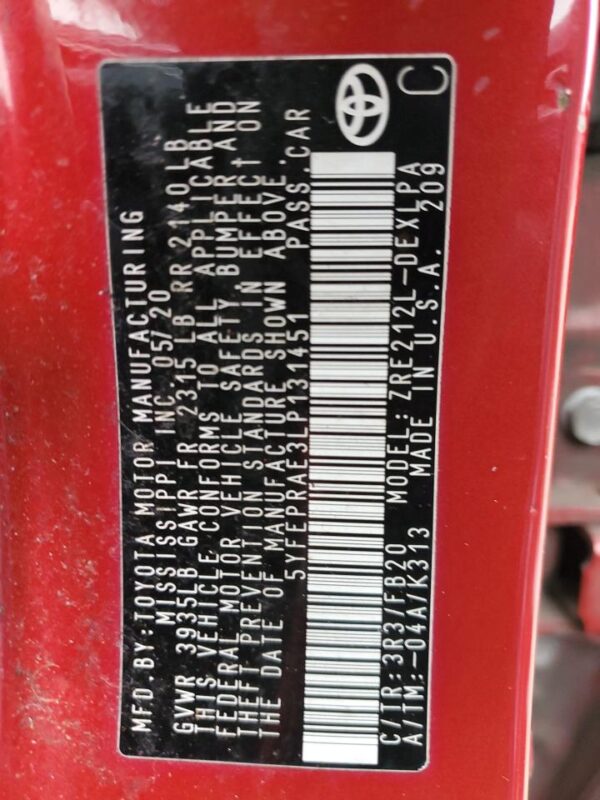 TOYOTA COROLLA RED - 5YFEPRAE3LP131451