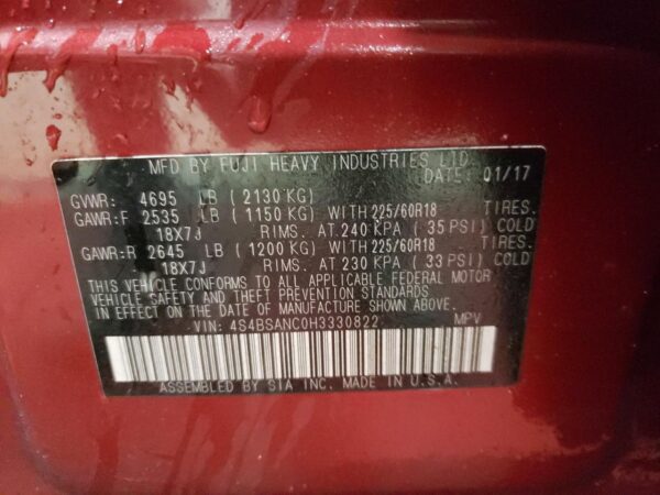 SUBARU OUTBACK RED - 4S4BSANC0H3330822