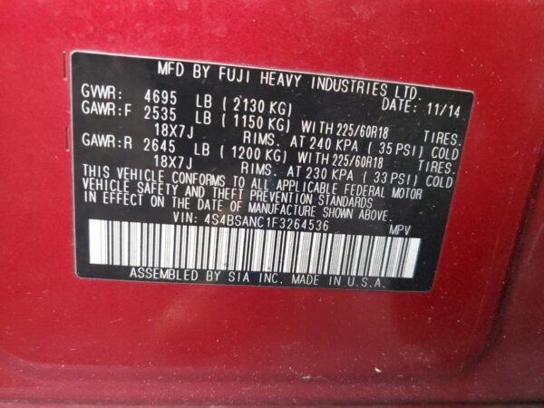 SUBARU OUTBACK BURGUNDY - 4S4BSANC1F3264536