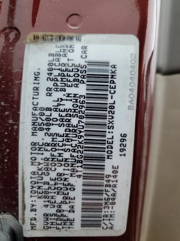 TOYOTA CAMRY BURGUNDY - 4T1BG22K9YU702963