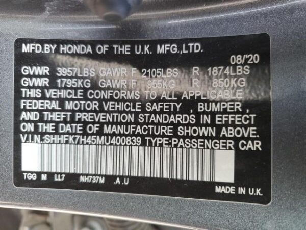 Honda Civic 2021 - SHHFK7H45MU400839