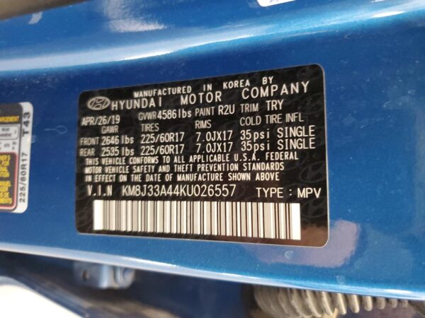HYUNDAI TUCSON BLUE - KM8J33A44KU026557