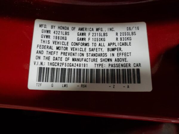 HONDA ACCORD RED - 1HGCR2F50GA248191