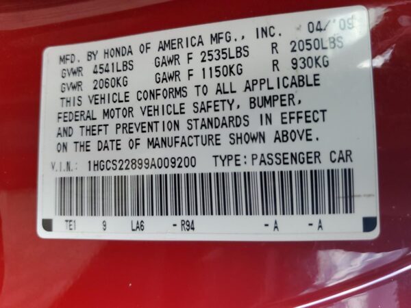 HONDA ACCORD RED - 1HGCS22899A009200