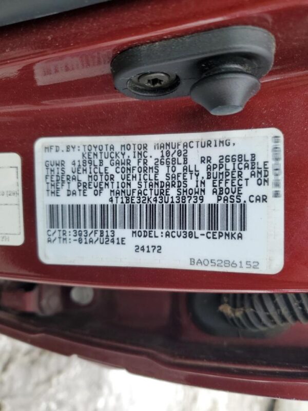 TOYOTA CAMRY MAROON - 4T1BE32K43U138739