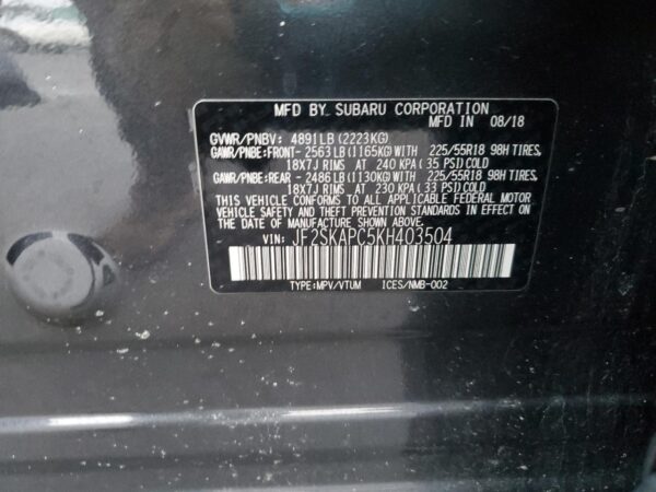 SUBARU FORESTER CHARCOAL - JF2SKAPC5KH403504