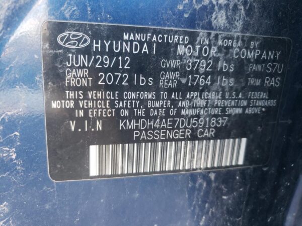HYUNDAI ELANTRA BLUE - KMHDH4AE7DU591837