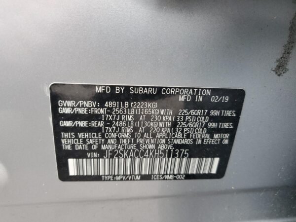 SUBARU FORESTER SILVER - JF2SKACC4KH511375