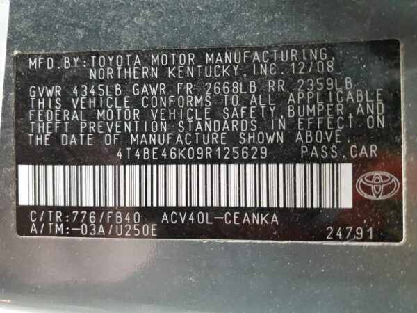 TOYOTA CAMRY TEAL - 4T4BE46K09R125629