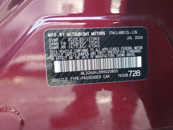 MITSUBISHI MIRAGE BURGUNDY - ML32AUHJ3RH020805