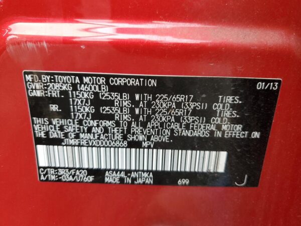 TOYOTA RAV4 RED - JTMRFREVXDD006868