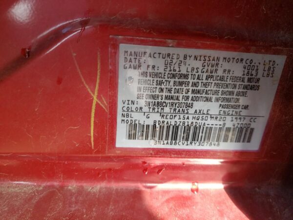 NISSAN SENTRA RED - 3N1AB8CV1RY307848