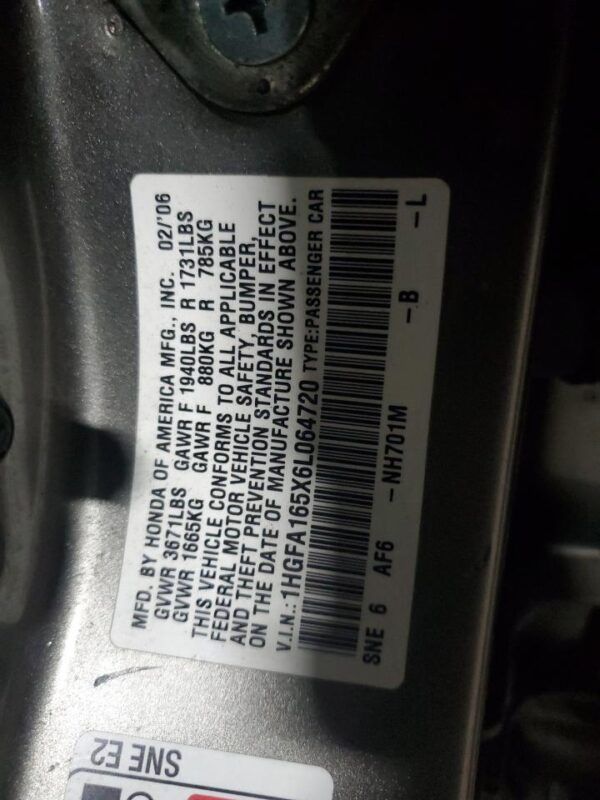 HONDA CIVIC GRAY - 1HGFA165X6L064720