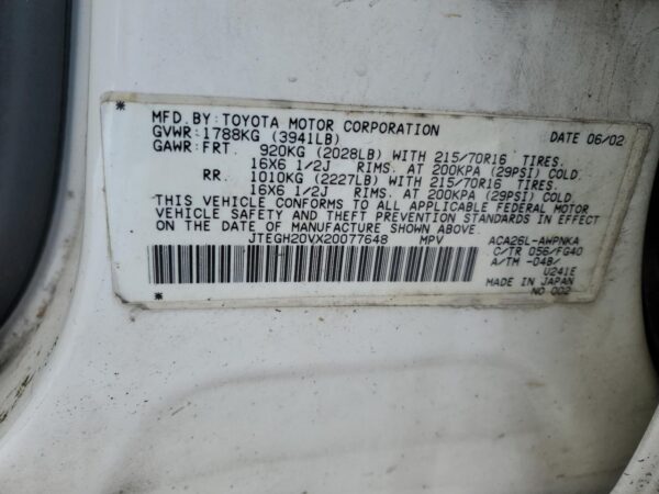 TOYOTA RAV4 WHITE - JTEGH20VX20077648