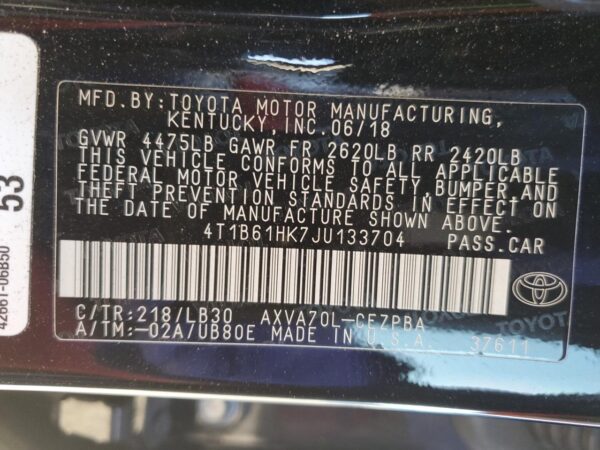 TOYOTA CAMRY BLACK - 4T1B61HK7JU133704