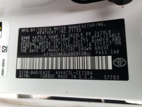 Toyota CAMRY 2020 - 4T1G11AK3LU929738