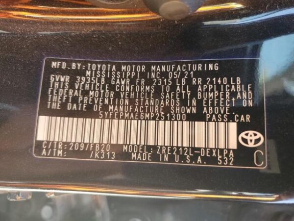 Toyota COROLLA 2021 - 5YFEPMAE6MP251300