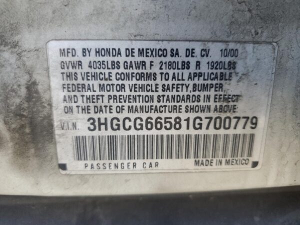 HONDA ACCORD WHITE - 3HGCG66581G700779