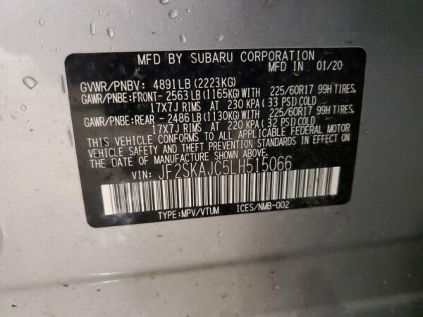 SUBARU FORESTER SILVER - JF2SKAJC5LH515066