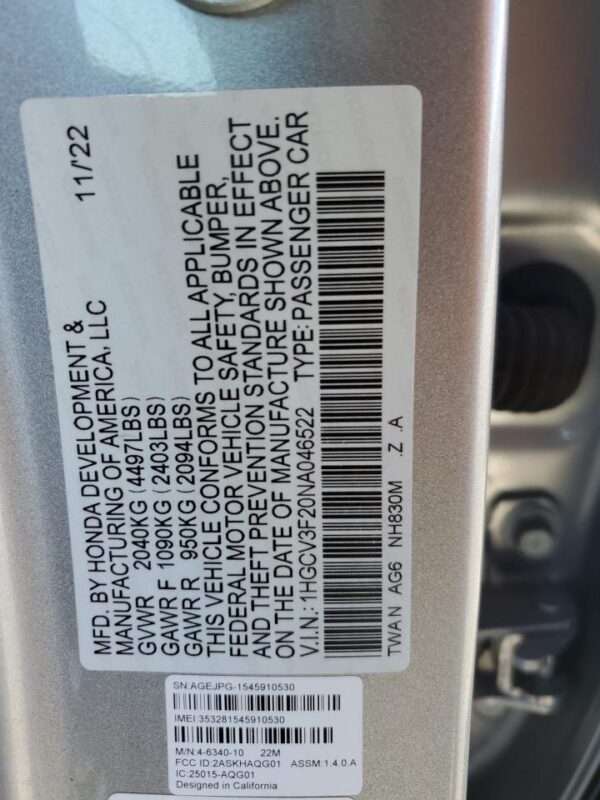 HONDA ACCORD SILVER - 1HGCV3F20NA046522