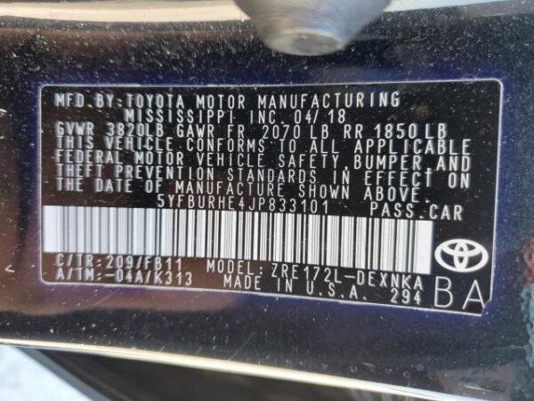 Toyota COROLLA 2018 - 5YFBURHE4JP833101