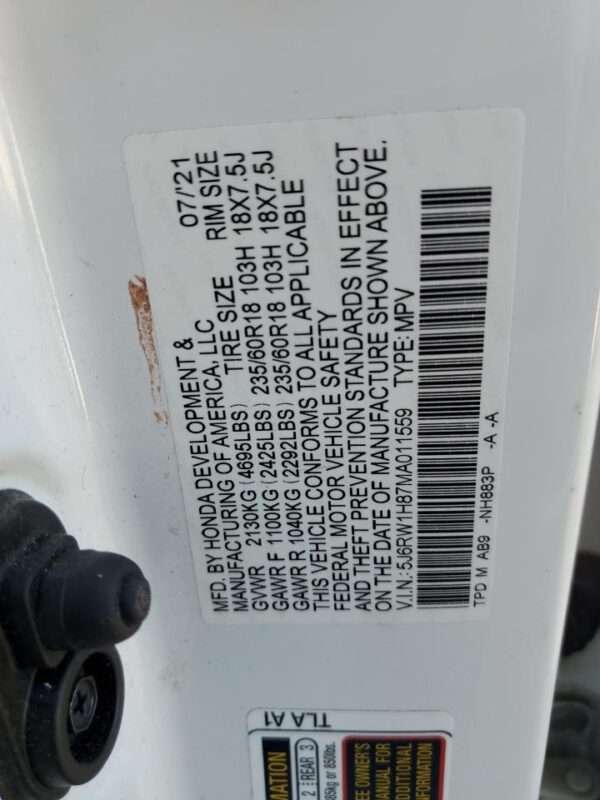 HONDA CRV WHITE - 5J6RW1H87MA011559