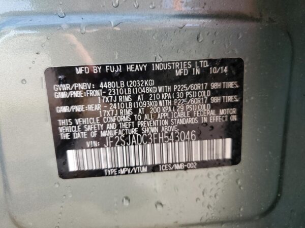 SUBARU FORESTER TEAL - JF2SJADC3FH543046