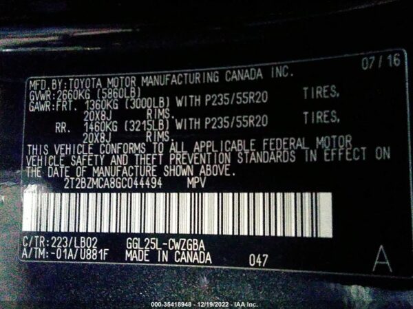 Lexus RX350 2016 Black - 2T2BZMCA8GC044494