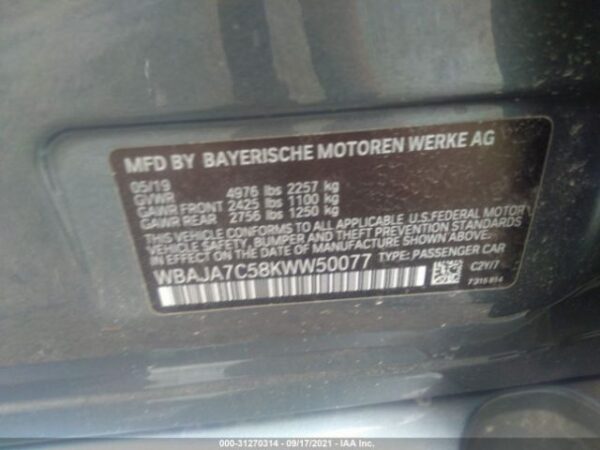 BMW 530I XDRIVE 2019 LIGHT BLUE — WBAJA7C58KWW50077