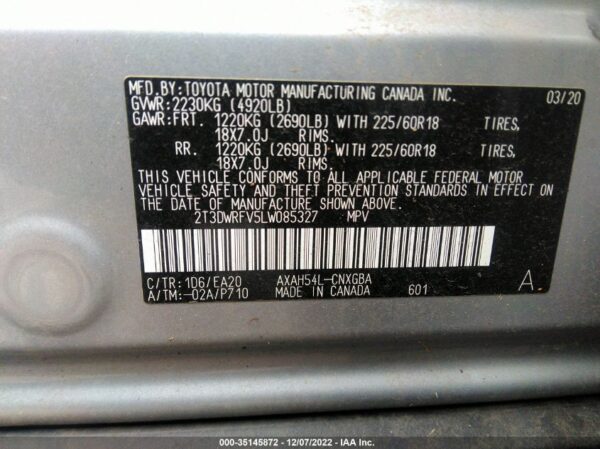 2020 Toyota RAV4 Silver - 2T3DWRFV5LW085327