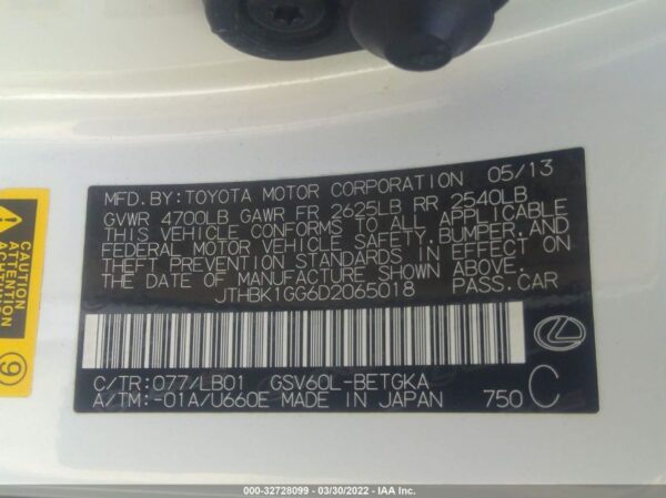 2013 Lexus ES350 White - JTHBK1GG6D2065018
