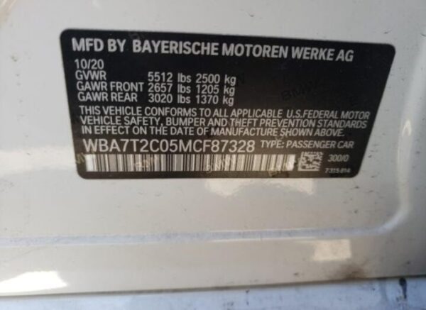 BMW 740I 2021 White — WBA7T2C05MCF87328