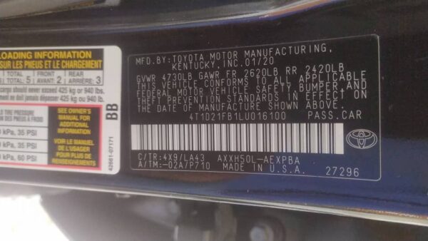 Toyota Avalon Lim 2020 BLACK 2.5L — 4T1D21FB1LU016100